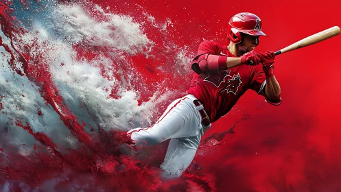 Dynamic red baseball batter in splash-motion composite artwork
