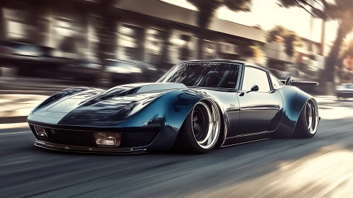 Low-slung modified sports coupe driving on city street.