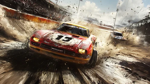 Rally car powerslides through explosive dirt spray chaos.