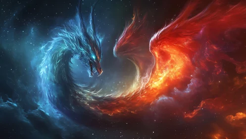 Cosmic fire and frost dragons circling in eternal standoff.
