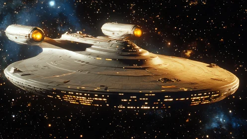 Starship glides like a sunlit coin through crowded starlight