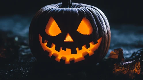 Glowing jack-o’-lantern grins menacingly in the misty dark night