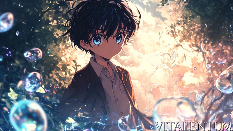 Youth with blue eyes standing in luminous woodland scene.