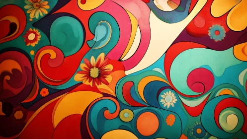 Floral swirls flow through bold retro abstract curves.