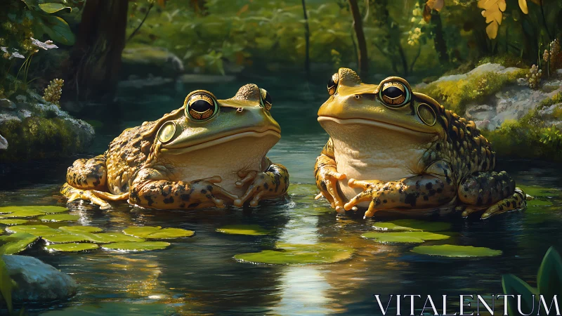 Two large frogs resting in a calm sunlit forest pond.