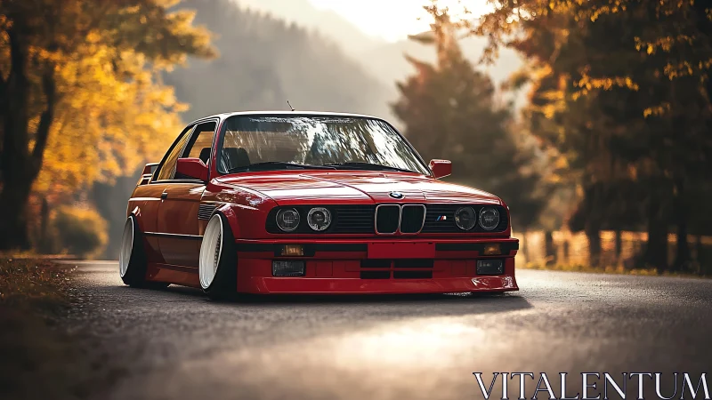 Stanced red BMW E30 coupe on forest road at warm sunset