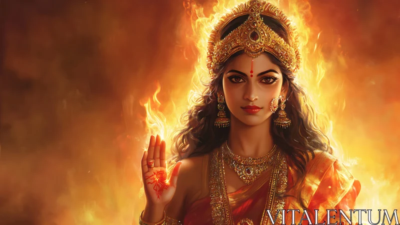 Radiant fire goddess rising in molten golden light.