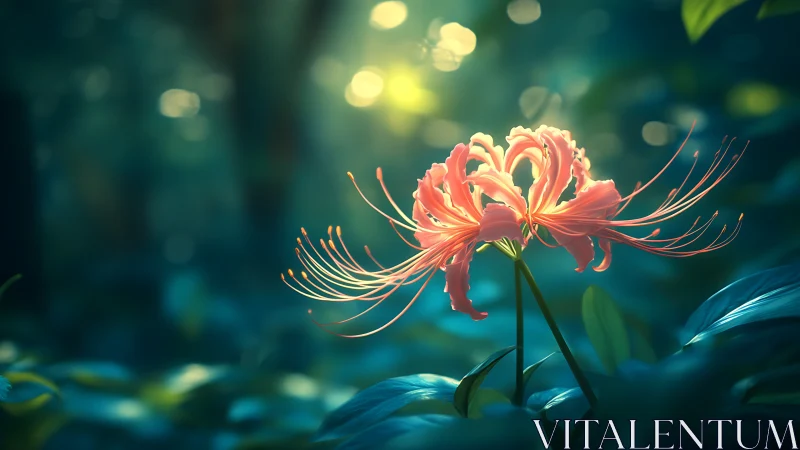 Single spider lily flower stands in diffuse forest lighting