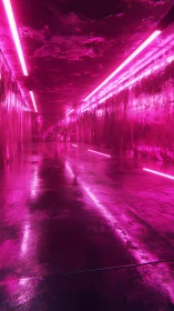 Neon pink tunnel with reflective floor and linear lights.