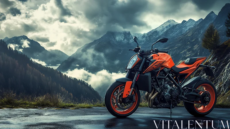 Orange sport motorcycle stands on wet mountain roadside