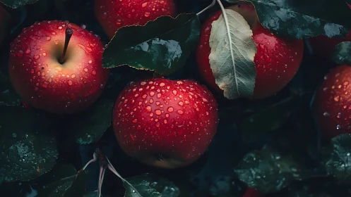 Lustrous red apples with dewy leaves in moody lighting.