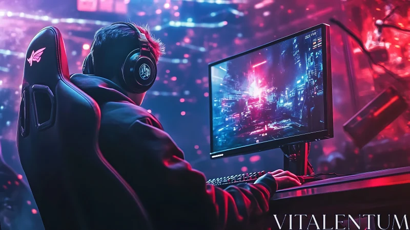 Neon gamer settles into a glowing cyber city adventure at night