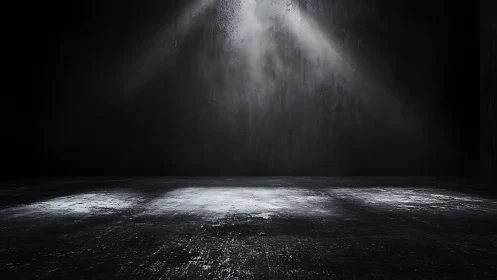 Harsh spotlight cuts through a dark, empty concrete room.