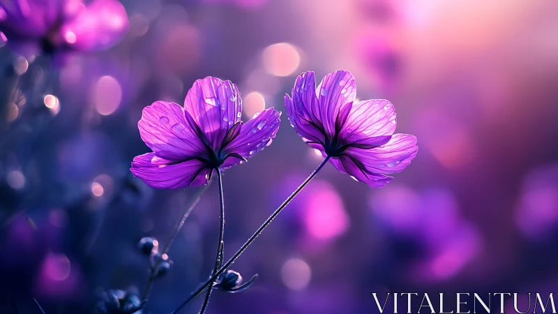 Two Magenta Cosmos Flowers Against Blurred Purple Background