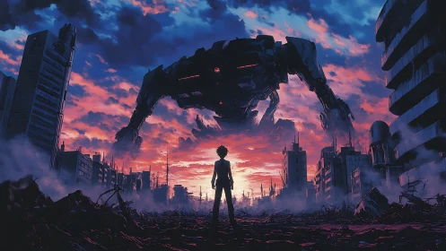 Lone figure confronts towering mech over ruined neon city