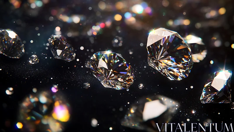 High-dispersion macro render of floating brilliant-cut diamonds