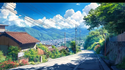 Hillside road overlooking town under clear summer sky.