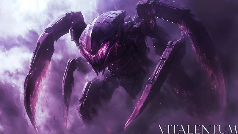 Bioluminescent scythe-armed mechanoid emerging from violet fog