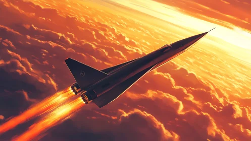 Supersonic jet ascends above clouds with bright exhaust
