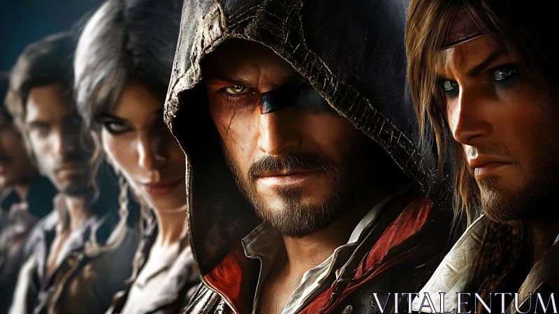 Hooded rogues and fierce allies gather in cinematic focus.