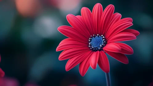 Vibrant Red Gerbera Daisy With Blue Center Detail.