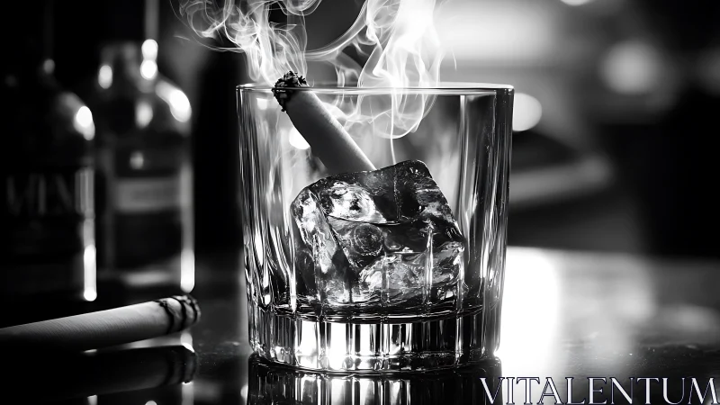 Smoking cigarette rests on melting ice cube in clear tumbler