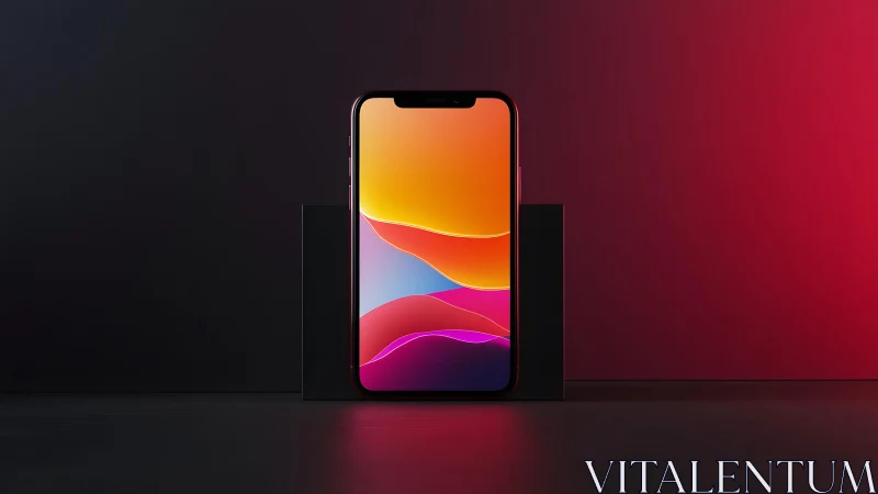 Modern smartphone with colorful screen in dramatic studio lighting.