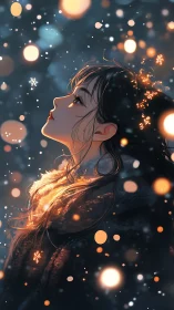 Side-profile winter portrait in luminous bokeh snowfall.