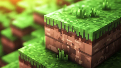 Voxel grass terrain block under warm volumetric sunlight