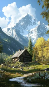 Secluded log cabin below towering snowy mountain peak.