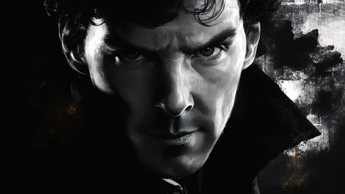 Intense monochrome portrait stares out from a storm of shadow