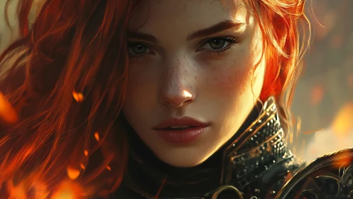 Fiery haired warrior gazes ahead through drifting embers.