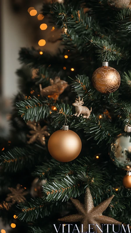 Warm golden ornaments glow softly on a festive Christmas tree