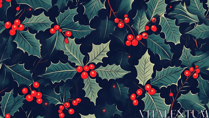 Digital holly leaves and red berries festive repeat pattern.