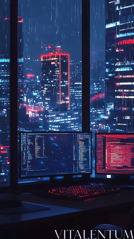 Rainlit hacker nest above neon city code storms at night.