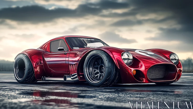 Widebody red race car render sits on wet track surface