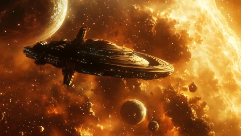 Colossal starship drifting through incandescent nebulae.