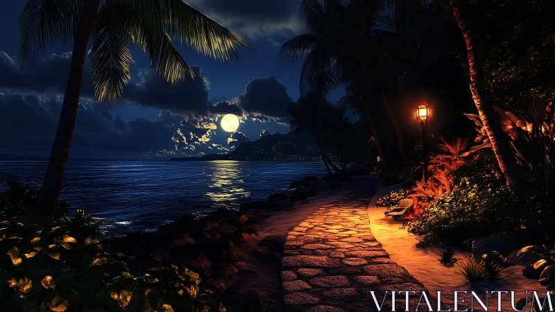 Tropical Beach at Moonlight with Illuminated Pathway.