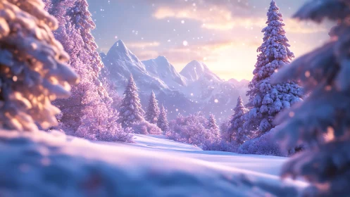 Sunlit alpine forest under fresh pink winter snowfall.