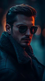 Cinematic low key portrait of man in aviators and shearling coat.
