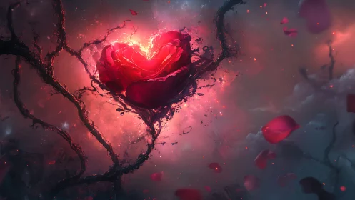 Glowing heart with twisted vines in cosmic light.