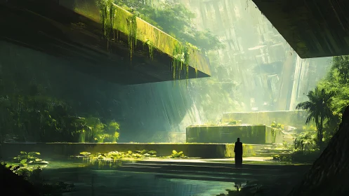 Submerged Architecture with Vegetation and Solitary Figure