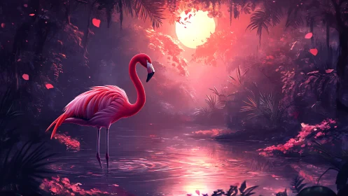 Moonlit flamingo dreaming in a rosy jungle lagoon.
