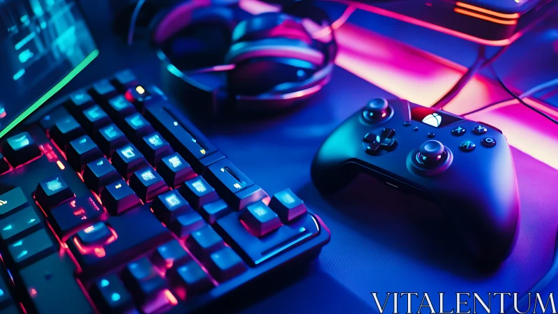 RGB mechanical keyboard and game controller under neon light