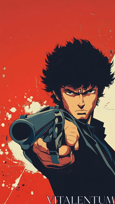 Determined anime gunman aims forward against splattered red