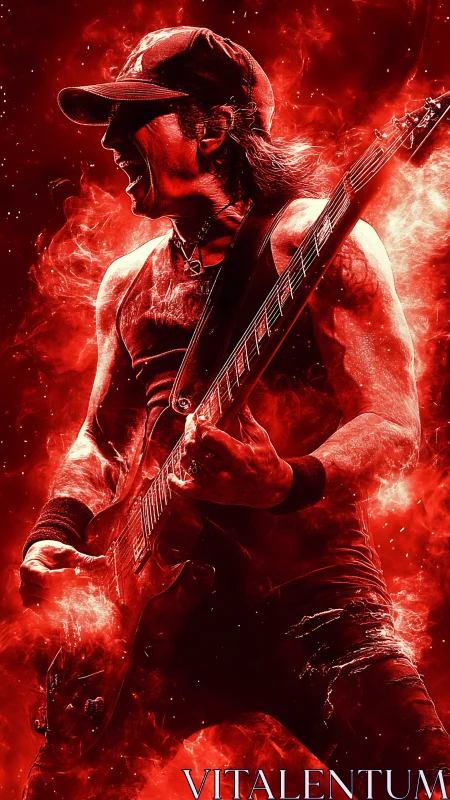 High-energy rock guitarist in red pyro-style compositing effect