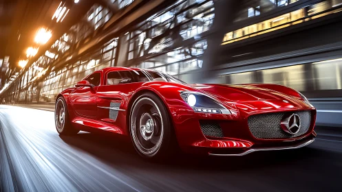 Crimson highway comet streaking through chrome-lit tunnel.