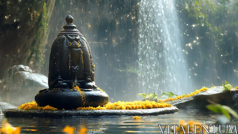 Stone Shiva lingam with marigold offerings near waterfall.