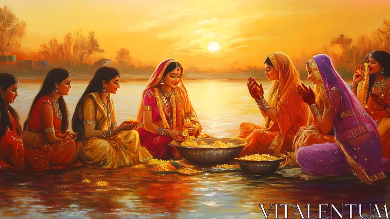 Indian women celebrating festival by river at sunset, vibrant art.