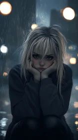 Rain-soaked girl finds a quiet moment of lonely reflection